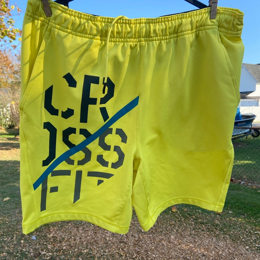 Reebok CrossFit neon  Yellow Athletic Shorts with Black and Blue Graphics